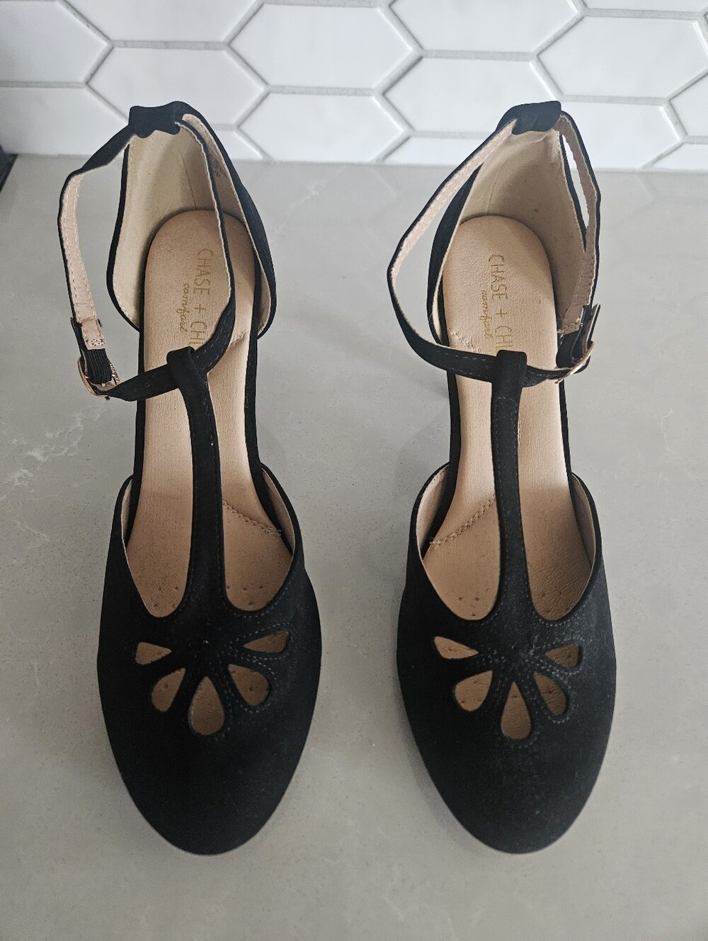 Chase + Chloe Black T-Strap Cutout Dress Heels